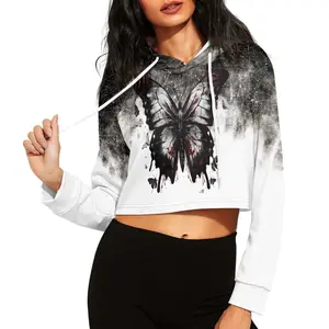 Sublimation Long Sleeve Hoodies Casual Women Pullover Drop Shoulder Personalized Butterfly Tie Dye Print Cropped Hoodies