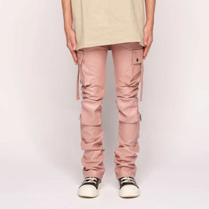 Pantalon cargo rose en PU pour homme, coupe ample, style workwear, avec poches plaquées, couleur unie, tissu tissé - Product Image 6