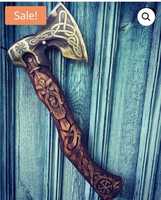 Outil en acier au carbone barbu Viking bush craft, hache de travail en bois de survie, manche en bois de frêne avec étui en cuir
