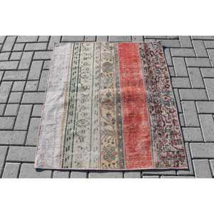 3x3.37 ft Turkish Vintage Eco-Friendly <b>Wool</b> Rug <b>Red</b> Patchwork Check Rug with Latex Backing - Product Image 1