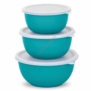 Cuencos recubiertos de plástico Premium de acero inoxidable con tapas en un elegante diseño clásico Juego de 3 piezas - Product Image 1