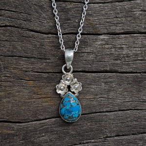 Tres pequeñas flores cobre turquesa plata colgante fiesta desgaste peso ligero plata colgante - Product Image 1