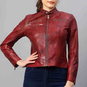 Veste d'hiver minimaliste en cuir véritable ouvert sur le devant pour femmes avec fermeture à glissière Tissu tricoté respirant et coupe ajustée - Product Image 1