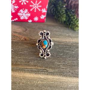 Mohave <b>Turquoise</b> Sterling Silver <b>Ring</b> Size 8.5-Navajo Made Bezel Inlay Unisex Gift Jewelry - Product Image 4