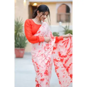 Sari Corto de Chifón con Estampado Tie-Dye en Naranja Melón para Mujer, con Elegante Diseño de Lazo, Ligero, para Fiestas - Product Image 3