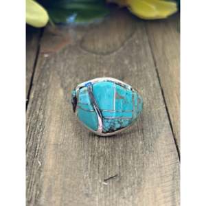 Navajo Handmade <b>Turquoise</b> & Sterling Silver Inlay <b>Ring</b> Size 9.25-Geometric Statement Jewelry - Product Image 1