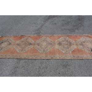 Turkish Rug 3.3x11.1 ft, Red <b>Brown</b> Striped <b>Wool</b> Vintage Rug - Product Image 3