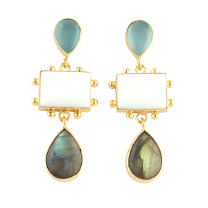 Vintage Geometric <b>Earrings</b> Chalcedony White Agate Labradorite Three Stone Gold Plated Designer <b>Stud</b> Dangle for Gift - Product Image 1