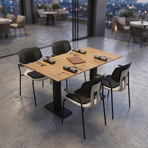Mesa de Comedor Moderna de Madera Maciza Rectangular con Base de Metal y Sillas con Respaldo Perforado, Juego de Muebles de Comedor para 6 Personas, Comercial - Product Image 2