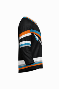 Jersey de Hockey sobre Hielo para Hombre, Negro, Naranja y Azul a Rayas, Manga Tres Cuartos, Cuello en V, Absorbe la Humedad, Sublimado - Product Image 1