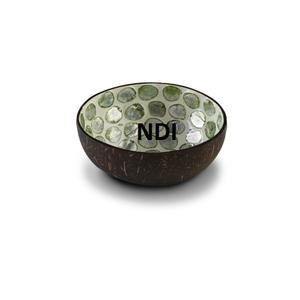 Diseño hecho a mano Servidor de frutas redondeado Tazón de coco Decoración de mesa Elegante incrustaciones de hueso Acabado Soporte de madera - Product Image 1