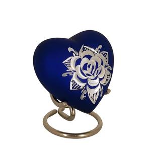 Classic Heart Shape Keepsake Urn <b>for</b> Human <b>Ashes</b> with <b>Box</b> and Stand - Ink Blue Color with Diamond Cut Design 7 Cms High - Product Image 1