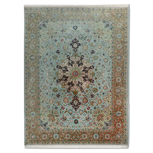 Tapis en laine noué à la main Aalam Pae-6470 vert, 9x12, motif médaillon rectangulaire, pour la décoration de la maison, du salon ou de la salle de passage - Product Image 1