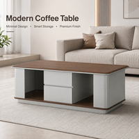 Table basse moderne de luxe pour salon avec étagères de rangement, table basse rectangulaire avec finition grain de bois 140 cm