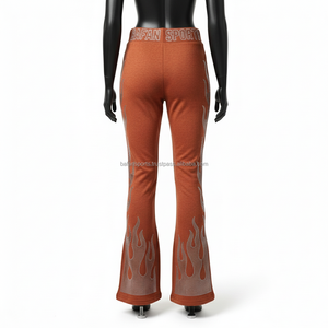 Pantalon évasé pour femme en tricot extensible polyester élasthanne 240 GSM, tissu respirant, logo thermocollant marron cristal, pantalon évasé pour femme - Product Image 4