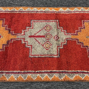 Turkish Rug, Small 3.1x10 ft Vintage Rug, <b>Red</b> Orange Geometric <b>Wool</b> Rug - Product Image 5