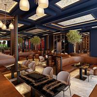 Design d'Interni per Caffetteria, Divano a X in Legno Massello, Sedute Imbottite in Pelle, Set Tavolo e Sedie per Ristorante