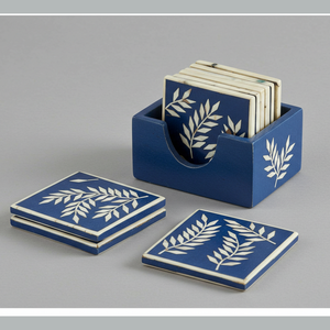 Indian Supplier Offers Handmade Blue & White Bone Inlay 3mm Thick Square Luxury <b>Coaster</b> <b>Set</b> <b>with</b> <b>Holder</b> Floral Pattern - Product Image 1