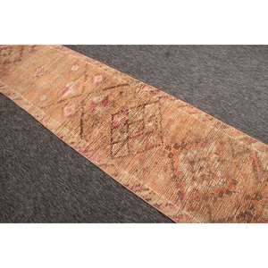 Turkish Wool Rug Eco-Friendly Traditional Design 2.5x12.8 ft Small Rug Orange <b>Brown</b> Herki Patchwork Latex Backing - Product Image 4