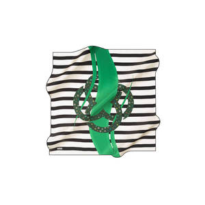 Black and White Striped Silk Square Scarf with Bow Pattern - Product Image 1