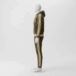 <b>Mens</b> Olive Green Hoodie Tracksuit Set Contrast Cuff <b>Pullover</b> Sweatshirt Jogger Pants Sportswear Training Gym Fitness Activewear - Product Image 3