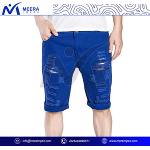 Pantalones cortos de mezclilla cómodos para todo el día para hombre, ajustados elásticos con dobladillo deshilachado vintage de estilo desgastado y lavado azul oscuro - Product Image 2