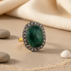 Anillo Vintage Chapado en Oro para Mujer, con Esmeralda, Diamante, Halo de Perlas, Certificado IGI, Estilo Clásico, Joyería de Boda, Diseño Floral - Product Image 2