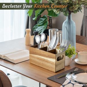 Acacia Wooden Utensil Caddy Rectangle Cutlery Holder Organizer for Fork Spoon Silverware Organizer for Countertop for Parties - Product Image 4
