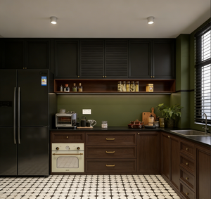 Système d'armoires de cuisine de luxe à tons foncés, construction en bois massif, étagères et portes à exposition ouverte, meubles de rangement fonctionnels - Product Image 1