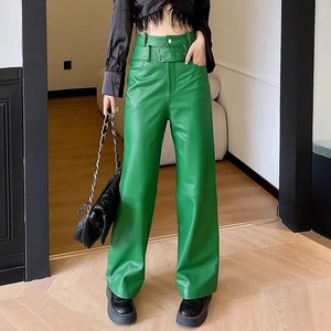 กางเกงเอวสูงขากว้างสำหรับผู้หญิงฤดูใบไม้ร่วงกางเกงหนังแกะแท้กางเกงขายาว4XL ลำลอง - Product Image 3