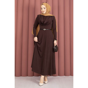 Vestido marrón de una pieza Sandy con cuello en V, cintura imperio, estampado floral, transpirable, con volantes y apliques para ocasiones diurnas - Product Image 5