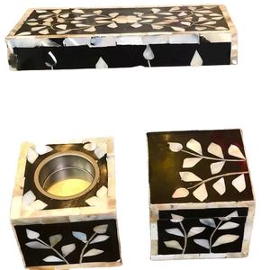 Black Inlay <b>Floral</b> Pattern Bakhoor <b>Box</b> Set With Small Incense Burner and Small <b>Box</b> for Oman and Dubai - Product Image 1