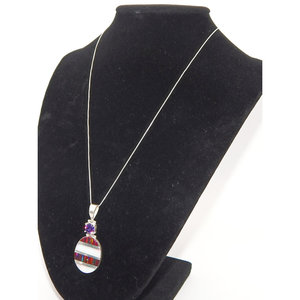 Cadena de plata esterlina. 925 con colgante geométrico de plata fina. 950 Chapado en rodio con circonita, oro rosa, amatista y ópalo - Product Image 1