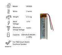 Baterai litium polimer 501035 501035-2, baterai pengganti 2 kabel 130mAh 3.7V, baterai Speaker isi ulang kapasitas tinggi