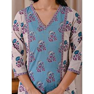 Grey Blue Block Printed Cotton Straight Fit Kurti Casual Style with Natural Waistline Breathable Feature - Product Image 2