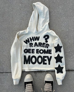 Manufacturer Custom french terry 100% <b>cotton</b> Anti-Shrink <b>raw</b> hem oversize rhinestone 3d puff print boxy cropped hoodie men - Product Image 5