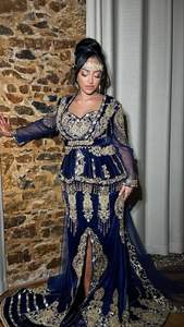 2025 @ Veste bleu marine pour femmes algériennes traditionnelles-Robe Badroune avec perles de verre en cristal ornées, pierre, perle, travail Dabka - Product Image 2