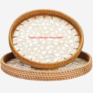 Plateau de service en rotin rond fait à la main avec incrustation de nacre élégante plateau tissé naturel pour la décoration intérieure plateau de Table basse - Product Image 1