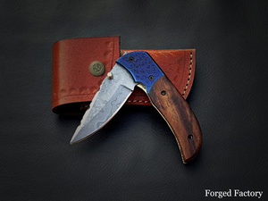 Cuchillo de bolsillo plegable de acero damasco, Funda de cuero con mango personalizable, compatible con OEM para caza, Camping, uso de combate, venta al por mayor - Product Image 5