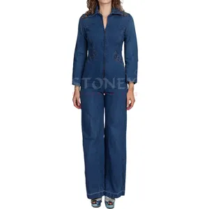 Zip up denim loe chân Jumpsuit - XS để Petite nhỏ cổ điển màu xanh jean Chuông Dưới Zip Up Retro trang phục