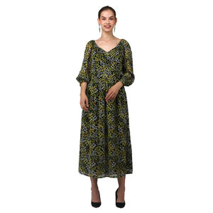 Robe longue trapèze à imprimé floral vert et noir avec manches régulières décolleté en V pour les occasions semi-formelles décontractées de fête - Product Image 1