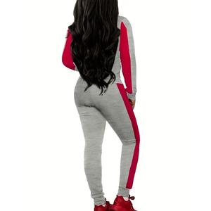 <b>Women</b> <b>Grey</b> Red Color Block <b>Tracksuit</b> Zip Up Hoodie and Jogger Pants Two Piece Casual Trackstar OEM Private Label - Product Image 2