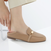 Chaussures plates légères et souples en cuir de vache véritable pour femmes [JSHOE] avec bout carré et garniture dorée, à enfiler, confortables pour le bureau