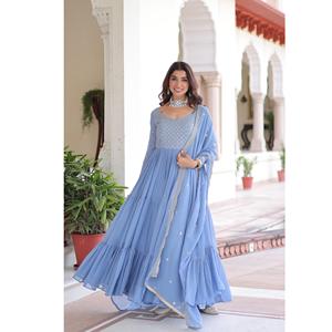 Robe Anarkali avec broderie et travail de séquence, dupatta pour femmes, robe de soirée à manches longues, robe de soirée, approvisionnement direct d'usine - Product Image 1