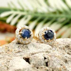 Boucles d'oreilles clous en argent sterling 925 plaqué or jaune 14 carats avec saphir bleu, pierre de naissance de septembre, bijoux fins - Product Image 3