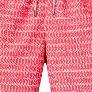 Shorts de bain recyclés pour hommes, motif géométrique rouge, séchage rapide, avec taille élastique et poches à cordon - Product Image 6