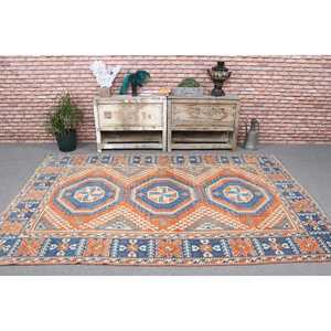 Alfombra Vintage Grande Ecológica de 5.8x8.4 pies, Azul y Naranja, Diseño de Patchwork, Lana con Base de Látex - Product Image 2