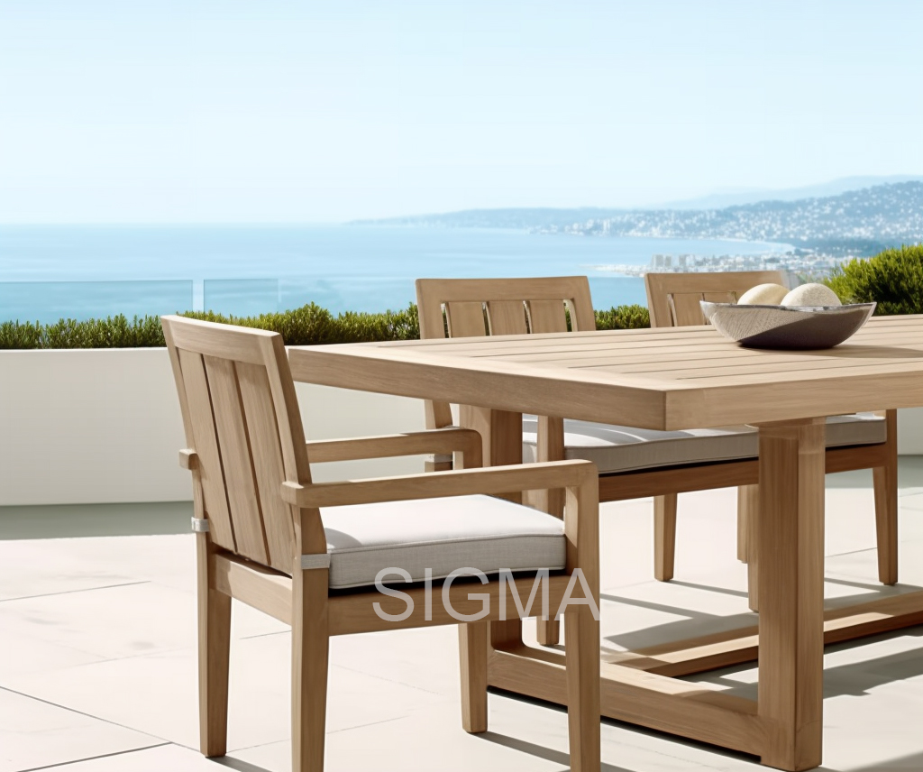 2023 Wholesale New Design Garden Furniture Set Outdoor Patio Solid Teak Wooden Soft Chair Dining Table 4 Seater
