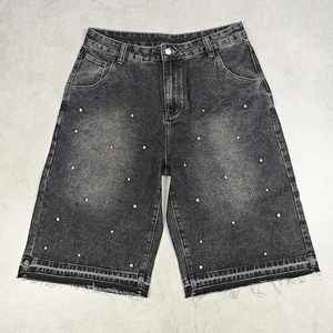 Streetwear Custom Vintage Wash <b>Men's</b> Denim <b>Shorts</b> Summer Casual Breathable Quick Dry 100% Cotton Crystal Embellished Raw Edge - Product Image 5