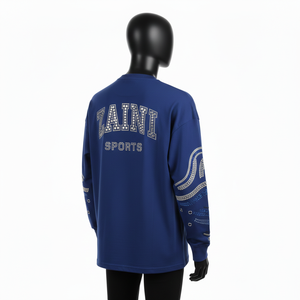 T-shirt à manches longues en coton et polyester de qualité supérieure, toucher doux, couleur bleue, strass thermocollés, logo personnalisé, t-shirt pour homme - Product Image 5